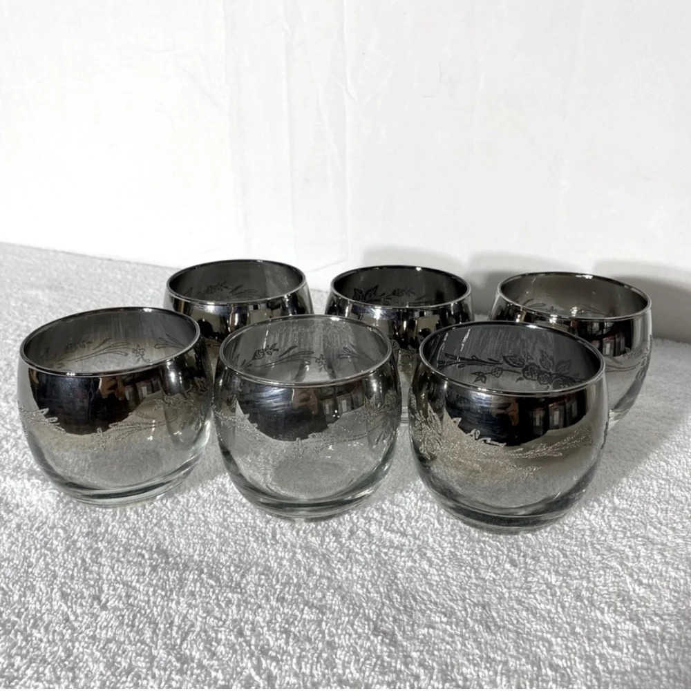 Vitreon Queen's Lusterware Silver Fade Roly Poly Silver Ombre Glasses x6